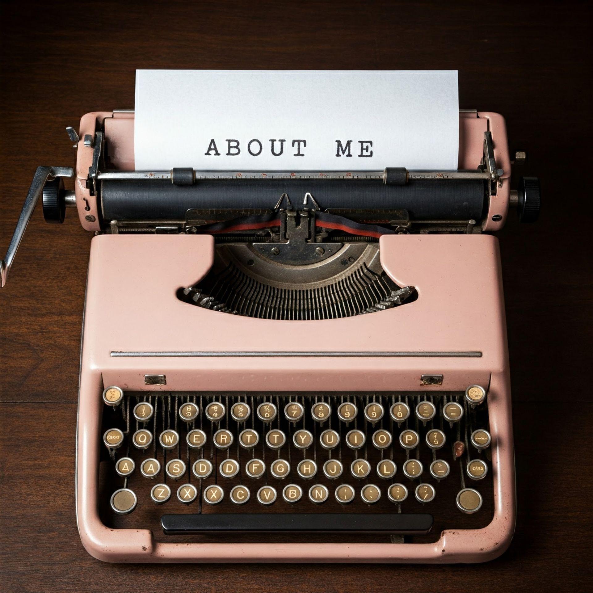 Vintage pink typewriter with a sheet of paper displaying the words ABOUT ME in capital letters.